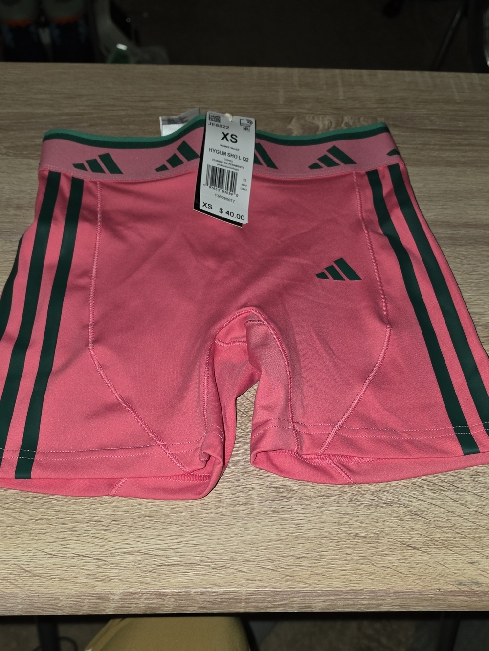 adidas Pink Compression Shorts with Dark Green Stripes